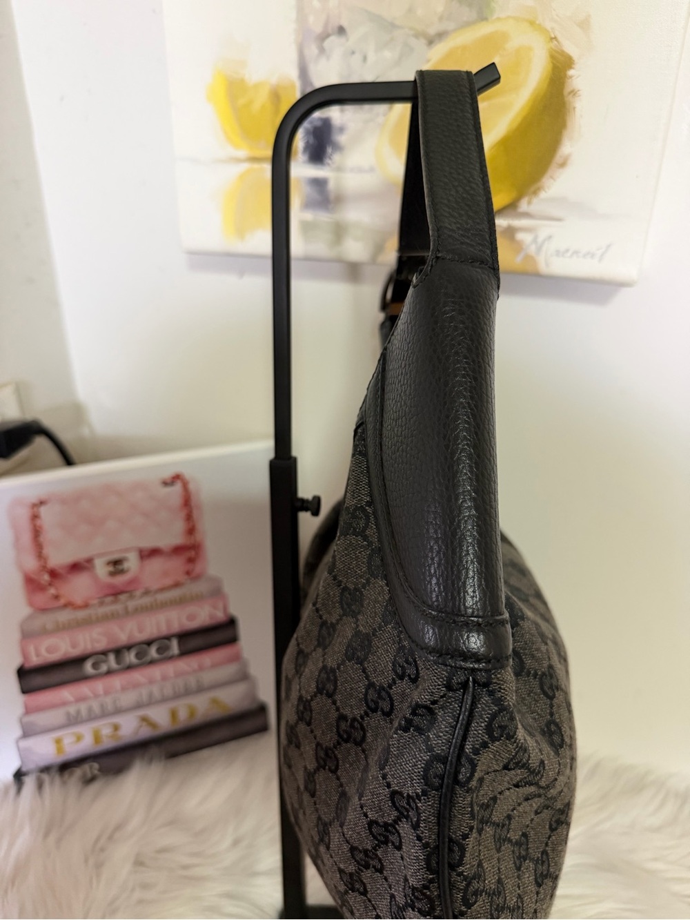 Gucci Black GG Monogram Canvas leather Hobo Bag. - Picture 15 of 16
